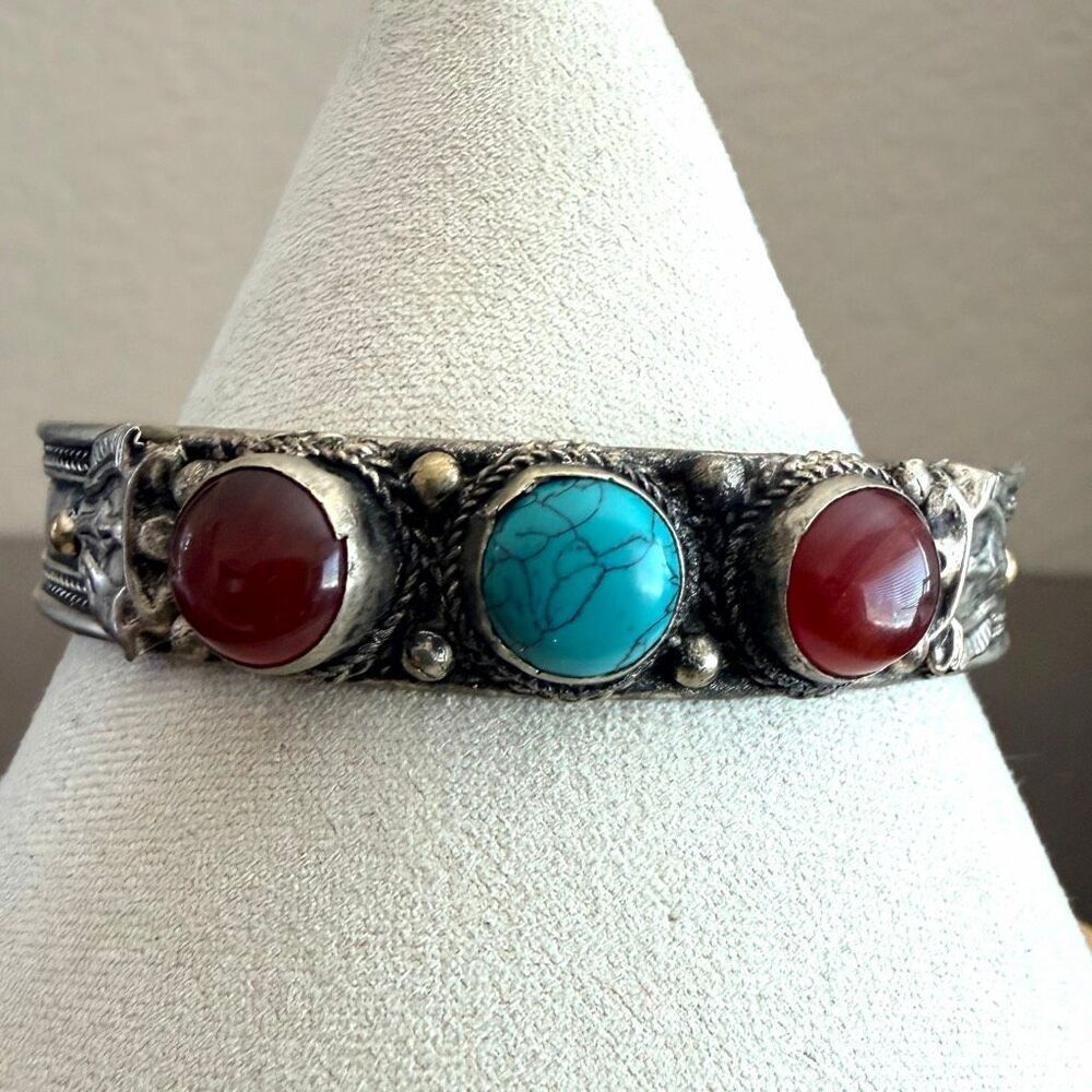 Vintage Tibetan  Cuff Bracelet Silver Tone Red Cabochons faux Turquoise Boho
